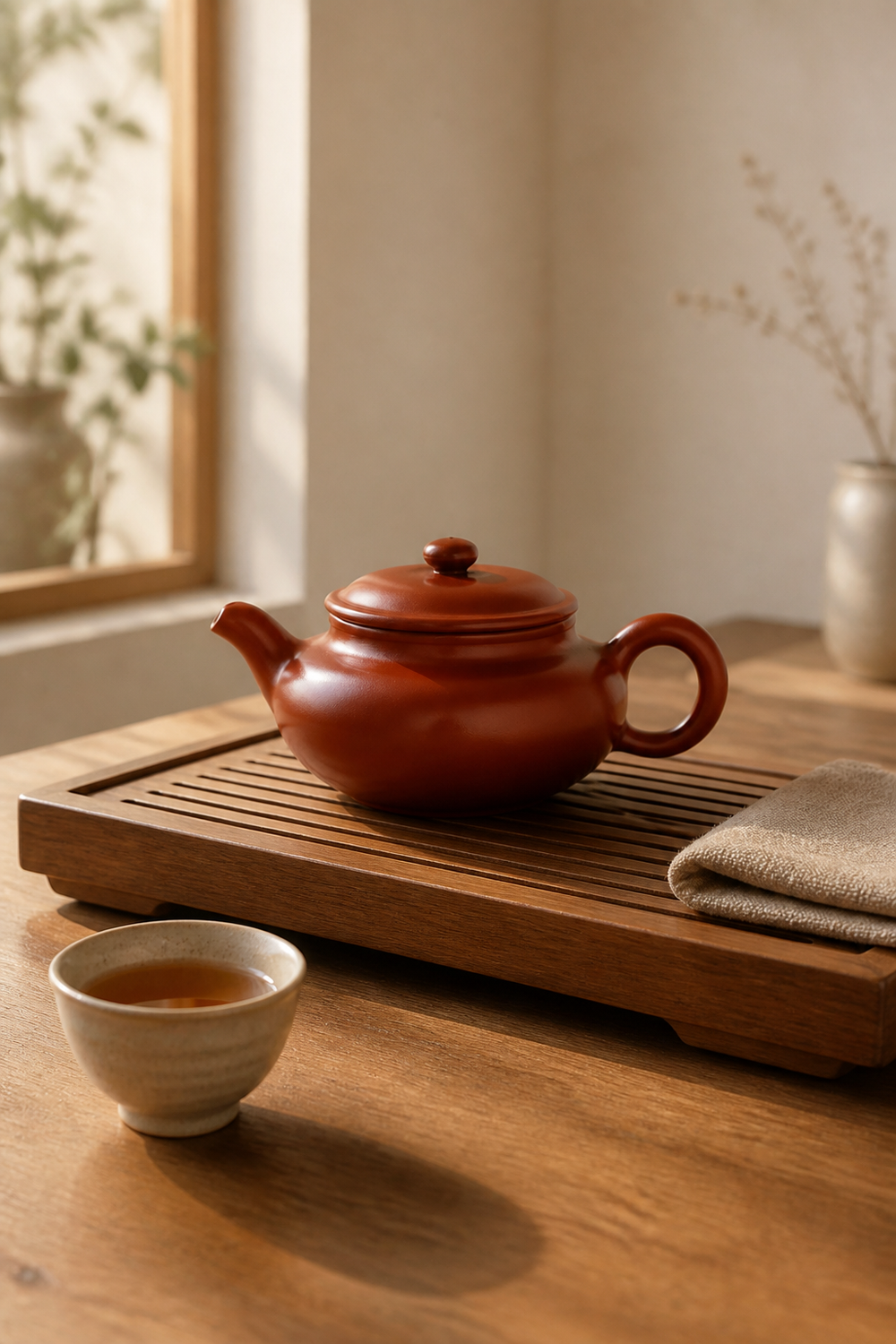 Zisha Teapot Red Clay (Zhuni) - teapot on wooden tea tray with one cup and tea cloth