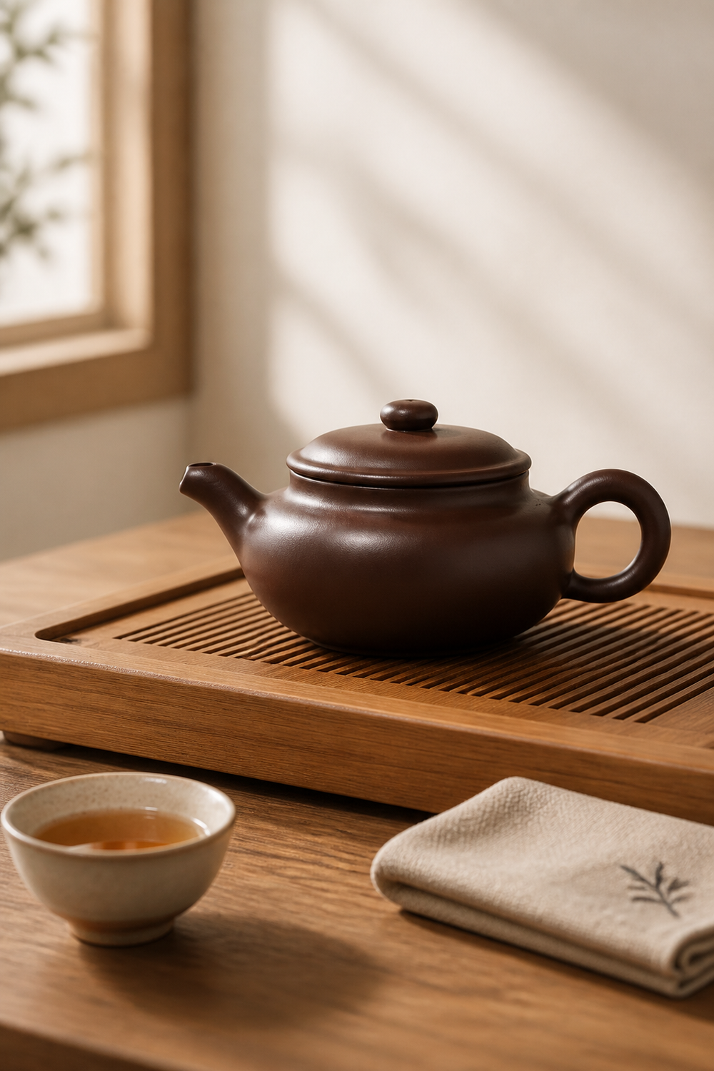 Zisha Teapot Purple Clay (Zini) - teapot on wooden tea tray with one cup and tea cloth