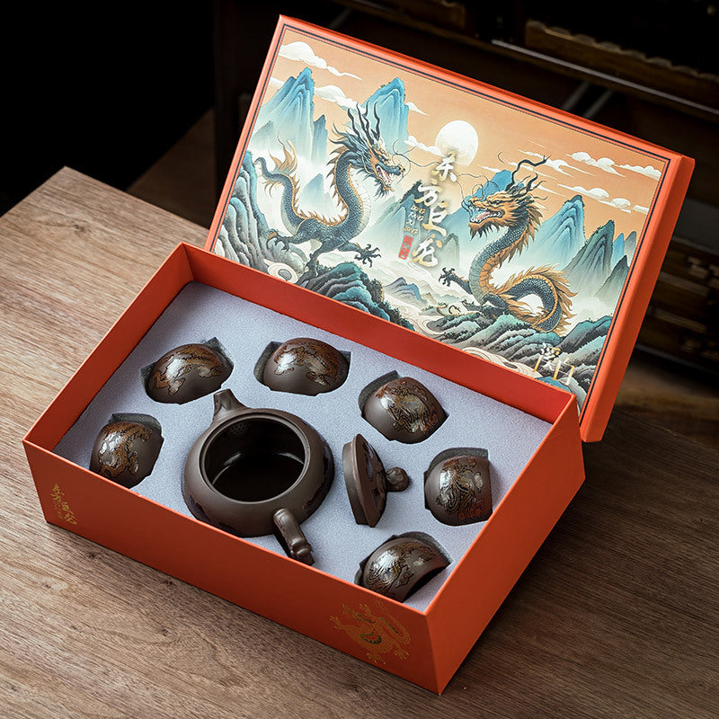 Dragon phoenix zisha tea set - open gift box